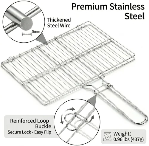 Miniatura 3 de Cesta de acero inoxidable para barbacoa al aire libre, rejilla de parrilla con cerradura resistente para pescado, verduras, carne, camarones, carne