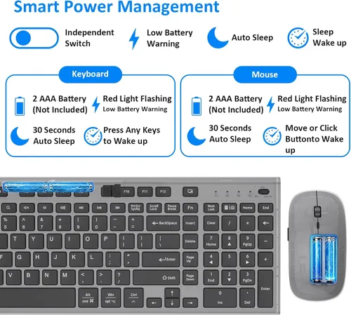 Miniatura 7 de Teclado y mouse inalámbricos, silencioso y silencioso combo de perfil bajo USB C, tamaño completo, compacto con almohadilla numérica plana suave al