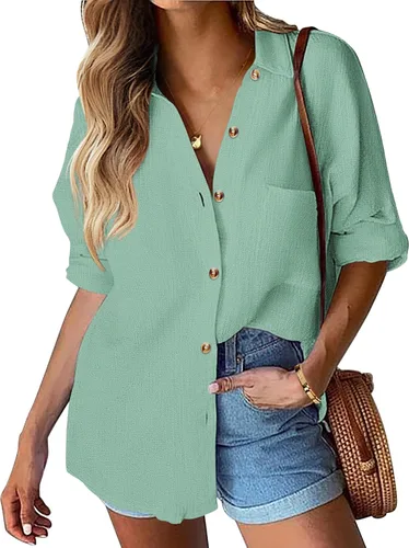Miniatura 15 de HOTOUCH Camisa de manga larga con botones de lino para mujer, blusa de algodón casual, holgada, con cuello, para trabajo, de gasa, con bolsillo