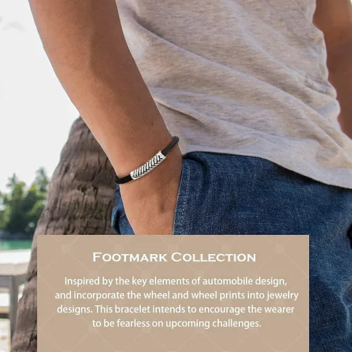 Miniatura 3 de FANCIME Footmark 925 Sterling Silver Herringbone Pattern Genuine Mens Leather Bracelet Braided Rope Spiritual Energy Charm with Push Button Locking