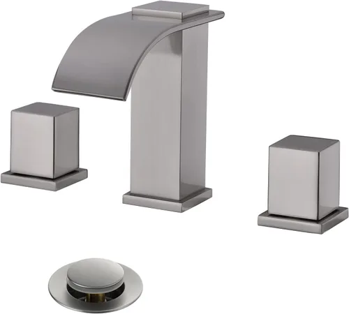 Miniatura 12 de Grifos de latón de lujo para fregadero de baño de 3 agujeros, 2 manijas, 8 pulgadas y montaje de drenaje desplegable de acero inoxidable, cromado