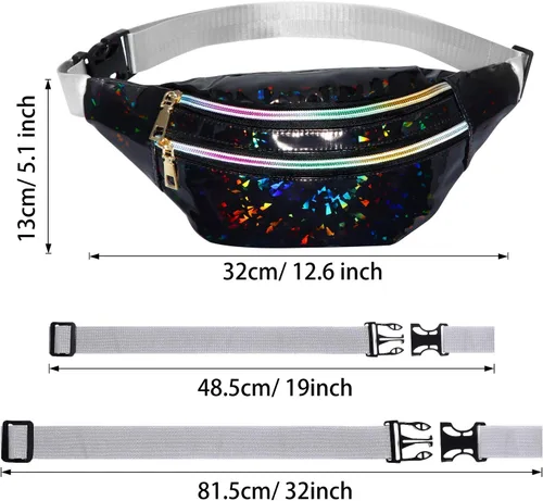 Miniatura 2 de 2 Piezas Holographic Fanny Pack Metallic Color Sport Waistbag para Mujeres Hombres Niños, Diamond Holographic Sliver and Black