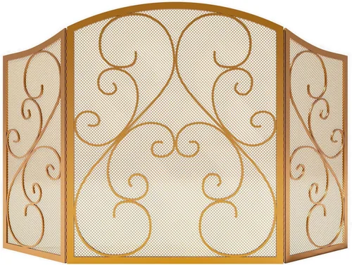 Miniatura 2 de Fire Beauty Pantalla de Chimenea de 3 Paneles de Hierro Forjado Metálico 48"(L) x 30"(H) Protector contra Chispas (Acabado Dorado)