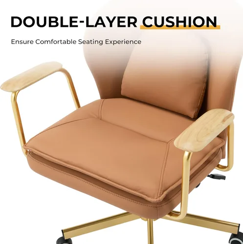 Miniatura 4 de Furniliving Sillas de oficina de cuero, silla de oficina dorada, silla giratoria ajustable para computadora con patas doradas y reposabrazos Marrón
