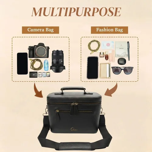 Miniatura 4 de Bolsa de hombro para cámara tipo bandolera, impermeable, de piel sintética, para fotógrafos, pequeña, compatible con Canon Nikon Sony (Negro)