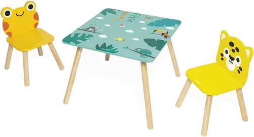 Janod - Mesa Tropik de Madera y 2 Sillas - Mueble Infantil - Mesa: 21,65 x 21,65" - 1 Silla Jaguar y Rana - Pinturas a Base de Agua - 3 Años + J08273