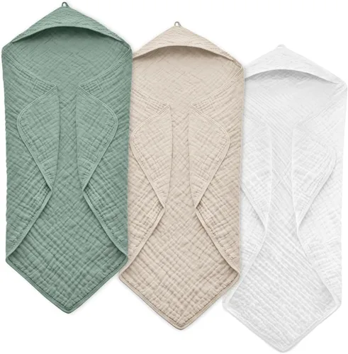 Miniatura 9 de Toallas de bebé con capucha para recién nacido, 35 x 35 pulgadas, paquete de 3 toallas de baño 100% algodón de muselina para bebé, toallas de playa