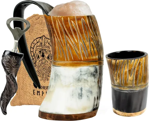 Miniatura 10 de Taza de cuerno de buey vikingo, 16–20 oz (Worthy Mjolnir) Taza de cuerno de buey y stein de café Elegante y hecha a mano para hombres y mujeres