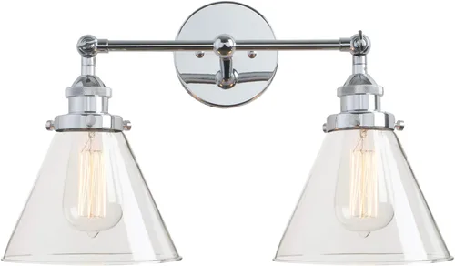 Miniatura 18 de PERMO Aplique doble cromado industrial de 2 luces, apliques de pared con pantalla de vidrio transparente acampanada en forma de embudo, luz