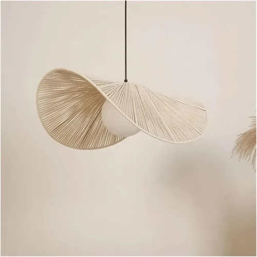 Miniatura 5 de Genérico Araña moderna, escandinavo en V - Tirada de cuerda de algodón, sombrero de paja LED colgante de luz para restaurante, bar, cafetería, Blanco