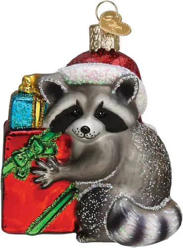 Old World Christmas Adorno de cristal soplado de mapache de bandido navideño para árbol de Navidad, decoración navideña artesanal, colección de