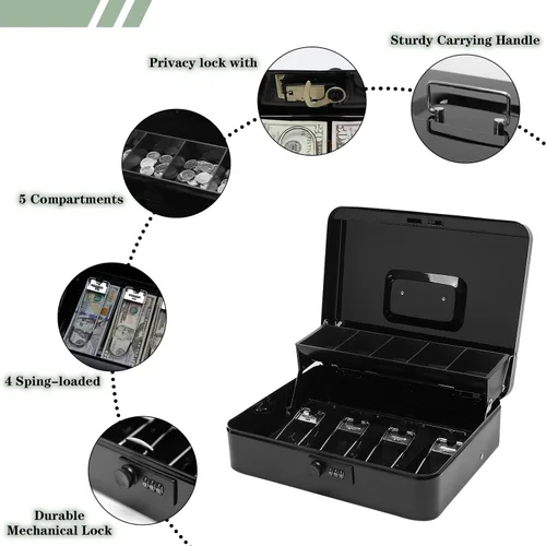 Miniatura 4 de Caja de efectivo con cerradura de combinación, caja de dinero de metal con bandeja de dinero, caja de bloqueo de efectivo para venta de garaje
