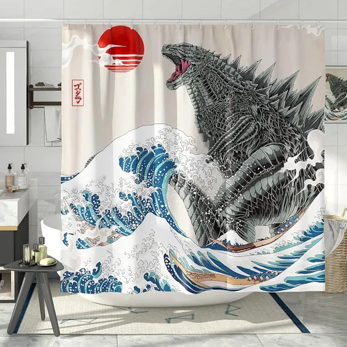 Miniatura 3 de Juego de cortinas de ducha divertidas, divertidas cortinas de ducha de monstruo de anime para baño, decoración de baño asiática, japonesa, tela
