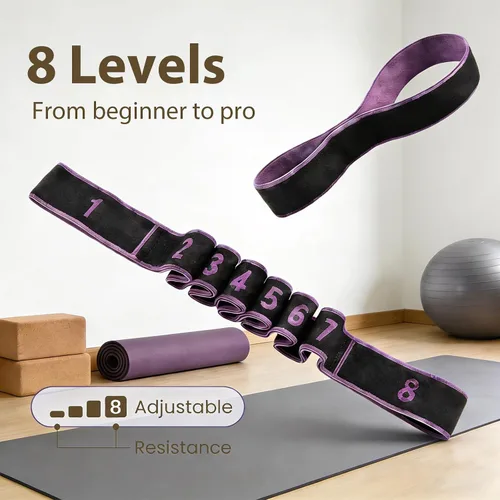 Miniatura 6 de Bandas de resistencia de fitness con asas para estiramiento y yoga, banda elástica de entrenamiento de 8 secciones con marcas claras, bandas