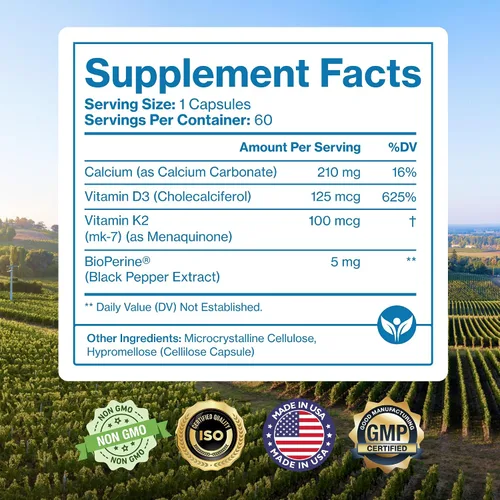 Miniatura 5 de Pure Micronutrients Suplemento de vitamina D3 K2 MK7 100mcg, D3 5000 iu, calcio + bioperina Salud muscular y ósea, corazón, inmunidad y apoyo