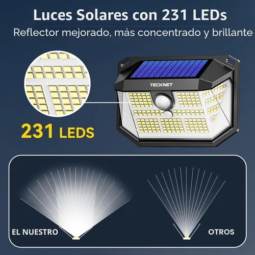 Miniatura 8 de TECKNET 231 luces LED solares de movimiento al aire libre impermeables, juego de 4 unidades con ángulo de 300° y 3 modos de iluminación, luces