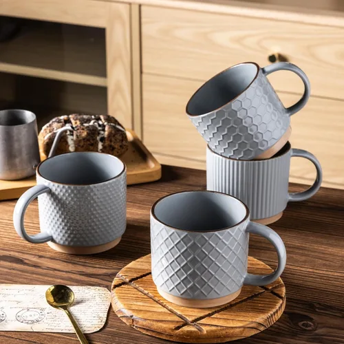 Miniatura 5 de GBhome Tazas de café apilables de 12 onzas, tazas de café de cerámica con patrones de textura para hombre, mujer, papá, mamá, juego de 4 tazas