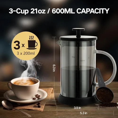 Miniatura 4 de YMMIND Cafetera de prensa francesa de 21 onzas, cafetera espresso de 4 tazas, cafetera de borosilicato engrosado resistente al calor para café frío