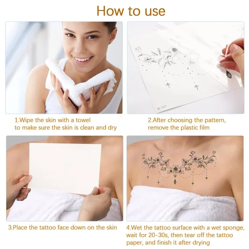 Miniatura 7 de 6 hojas de tatuajes temporales para mujeres y niñas, impermeables, tatuajes falsos de flores de rosas, tatuajes sexys debajo del busto, joyería