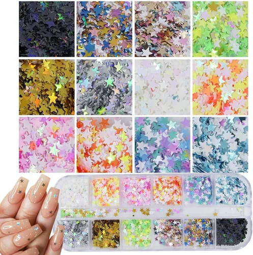 Miniatura 4 de AddFavor 4 cajas holográficas de lentejuelas para uñas, formas mixtas iridiscentes con purpurina para uñas, copos de mariposa, corazones, estrella