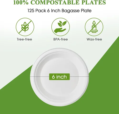 Miniatura 5 de Vplus Paquete de 125 platos de papel de 6 pulgadas, 100% compostables, platos de papel desechables de alta resistencia, bagazo, natural, 6 in Blanco