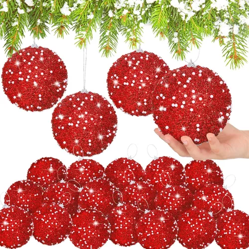 Miniatura 20 de Lyrow 24 piezas 3.15" Juego de adornos de bola de Navidad con purpurina, bola de espuma con lentejuelas colgante, decorativa, en masa, para árbol