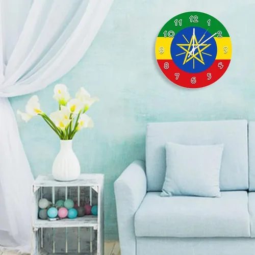 Miniatura 5 de Reloj de pared redondo de Etiopía con bandera de Etiopía, silencioso, sin tictac, relojes de pared para cocina, dormitorio, oficina, decoración