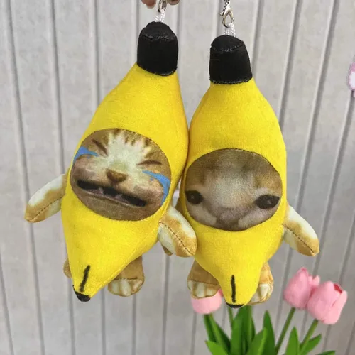 Miniatura 7 de Llavero de peluche de gato de plátano que llora, adornos divertidos felices del animal de peluche del gato del sonido del bebé