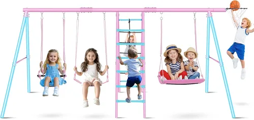 Miniatura 7 de Juego de columpios para patio trasero - Juego de patio de juegos 6 en 1 de servicio pesado de 550 libras, columpio platillo mejorado para niños al