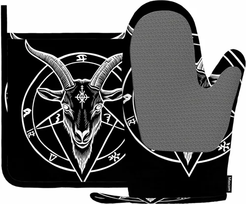 Mxocom Pentagram Demon - Juego de guantes de silicona para horno y agarraderas, Baphomet con símbolo de cabeza de cabra satánica, tatuaje blanco y