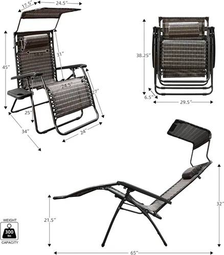 Miniatura 3 de Jeco Silla de gravedad cero de gran tamaño con sombrilla y bandeja para bebidas, color negro y marrón
