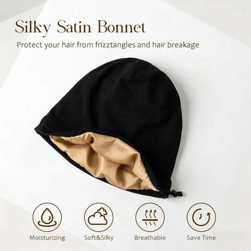 Miniatura 2 de 2 Pcs Adjustable Silk Hair Bonnet for Sleeping, Satin Lined Sleep Cap for Women and Men, Silk Hair Wrap Slouch Beanie.