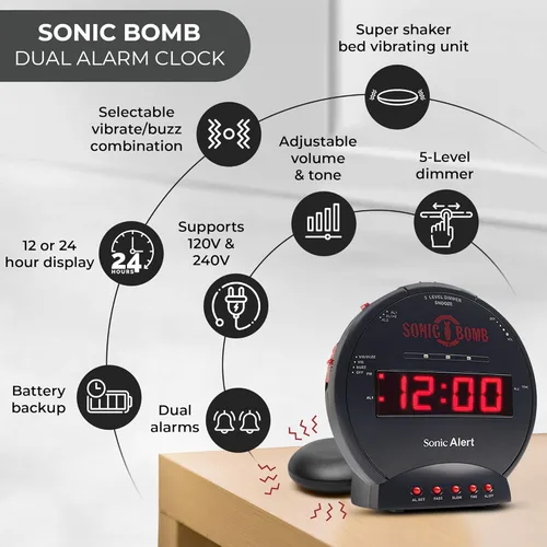 Miniatura 4 de Sonic Bomb - Reloj despertador doble extra fuerte con vibrador de cama, negro Sonic Alert vibrante, para personas de sueño pesado, batería
