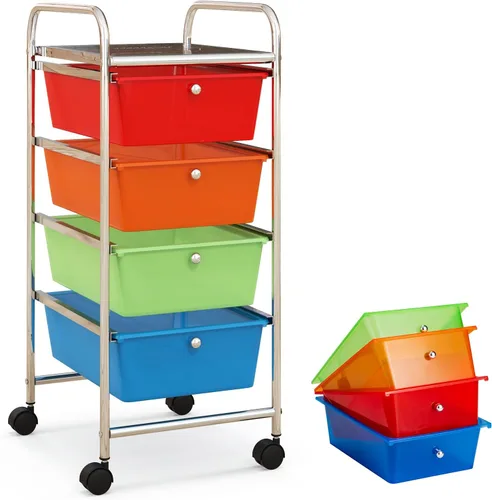 Miniatura 33 de COSTWAY Carrito de almacenamiento rodante con 4 cajones, carrito de almacenamiento de plástico y organizador con 4 cajones extraíbles, carrito