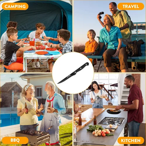 Miniatura 6 de Juego de 6 cuchillos negros para carne, juegos de carne afilados y dentados con caja de regalo, cubertería de mesa de acero inoxidable de 4.5