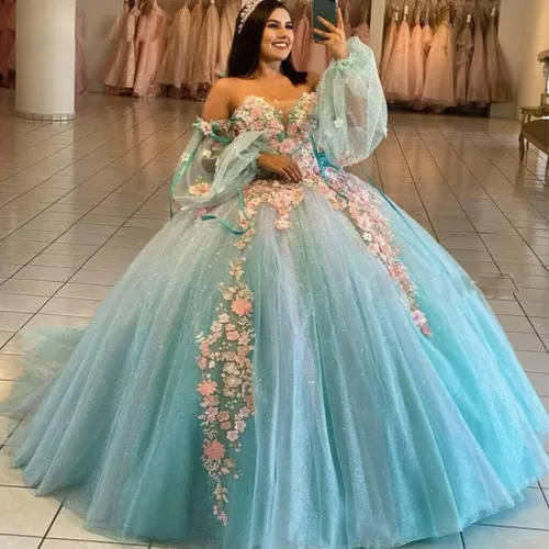 Miniatura 2 de Youjiayi Vestidos de quinceañera de manga hinchada, vestido de baile 3D floral dulce 15 16 vestidos de hombro descubierto vestidos de baile con cola