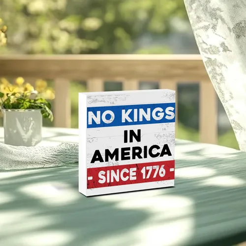 Miniatura 6 de GoldenFleece Letrero patriótico de escritorio del 4 de julio No Kings In America Since 1776, decoración cuadrada del Día de los Caídos, decoración