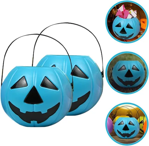 Miniatura 9 de Cubo de calabaza de Halloween con asa, soporte pequeño de plástico para dulces de calabaza para decoración y embalaje de fiesta de truco o trato