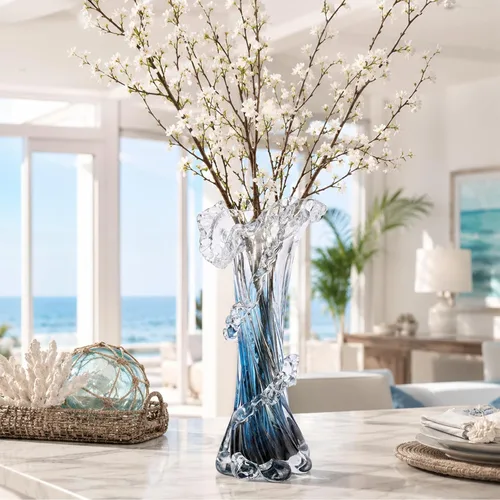 Miniatura 7 de Jarrón de vidrio soplado azul de 12 pulgadas de alto, florero costero soplado a mano de arte moderno, hermosos centros de mesa únicos de olas