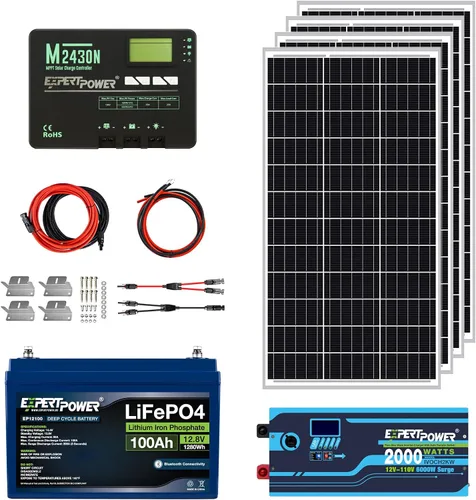Miniatura 2 de ExpertPower Kit de energía solar de 1.3KWH 12V LiFePO4 12V 100Ah, paneles solares mono de 200 W, controlador de carga solar MPPT de 20 A, cargador
