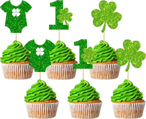 Miniatura 9 de Gyufise Paquete de 24 adornos para cupcakes del Día de San Patricio Lucky Oh Baby con decoraciones de cuatro hojas para pastel de baby shower de San