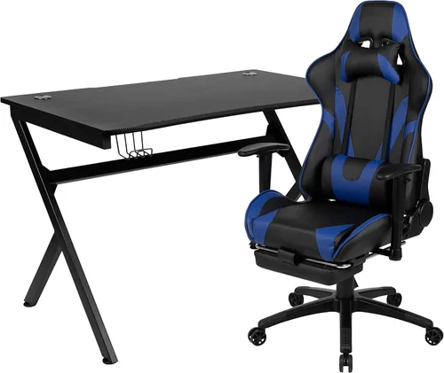 Miniatura 83 de Flash Furniture Juego de escritorio para juegos negro y silla de carreras blanco/negro con soporte para tazas, gancho para auriculares y soporte