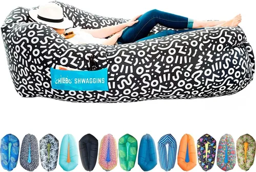 Miniatura 13 de Chillbo Inflatable Couch – Unique Designs - No-Pump Setup, Ripstop Polyester, Stability Pegs, Fun Prints - Portable Air Inflatable Lounger for Azul
