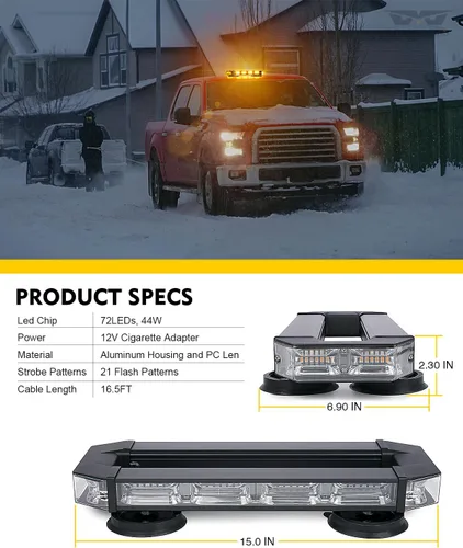 Miniatura 7 de LUMENIX Barra de luces estroboscópicas de baliza para techo, barra de luces LED ámbar de seguridad de tráfico de emergencia con base magnética