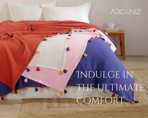 Miniatura 6 de Manta 100% algodón, suave, lisa y duradera, para sofá, cama, estilo piqué con decoración de pompones, mantas de algodón tamaño Queen, ideal