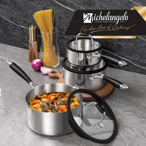 Miniatura 8 de MICHELANGELO Juego de cacerolas de acero inoxidable triple con tapa colador, olla de salsa resistente con tapa, olla de salsa multiusos compatible