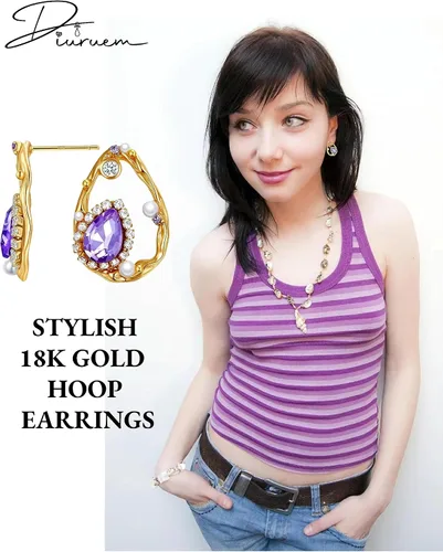 Miniatura 4 de Pendientes morados para mujer, aretes morados y dorados para mujer con circonita de amatista en forma de lágrima, perlas y pavés de cristal, aretes