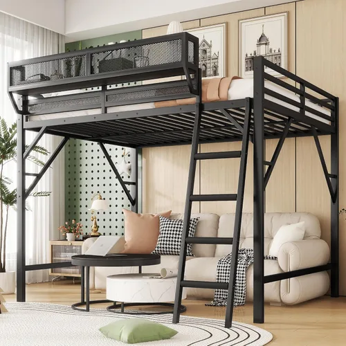 Miniatura 13 de KEIKI Estructura de Cama Loft de Metal Tamaño Twin con Escalera Convertible, Estantes de Almacenamiento Integrados y Armario, Cama Loft con Listones