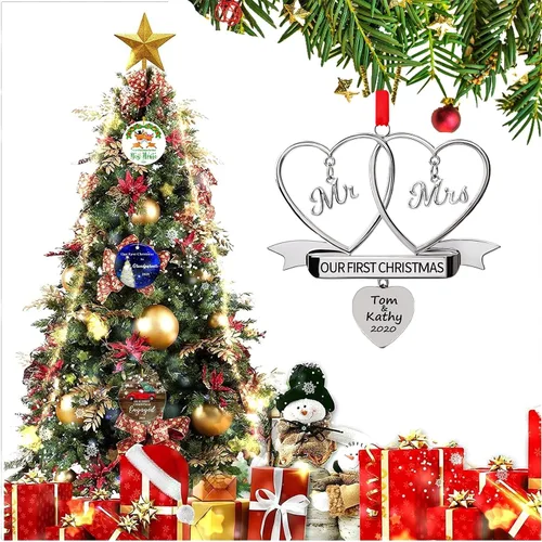 Miniatura 7 de JUPPE Adorno de Metal Personalizado Nuestra Primera Navidad como Sr. y Sra. Grabado Adorno Personalizado de Recién Casados para Árbol de Navidad