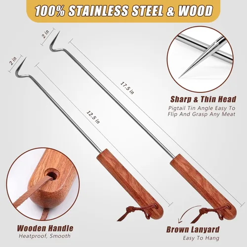 Miniatura 6 de 2 ganchos giratorios de acero inoxidable para barbacoa y carne, accesorios para parrilla con mango de madera para asar y ahumar